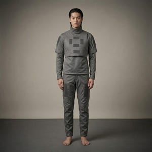 Op de afbeelding: Een grijs tactisch outfit bestaande uit een shirt met lange mouwen, een cropped vest met vierkante patches en een bijpassende broek. De outfit heeft een hoge kraag en meerdere zakken. De persoon is blootsvoets.