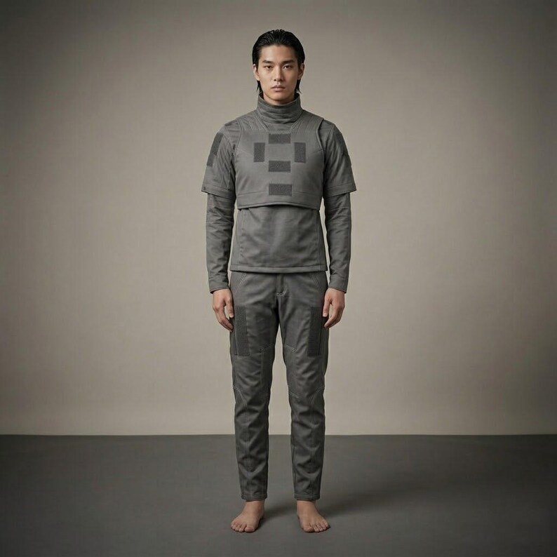 Op de afbeelding: Een grijs tactisch outfit bestaande uit een shirt met lange mouwen, een cropped vest met vierkante patches en een bijpassende broek. De outfit heeft een hoge kraag en meerdere zakken. De persoon is blootsvoets.