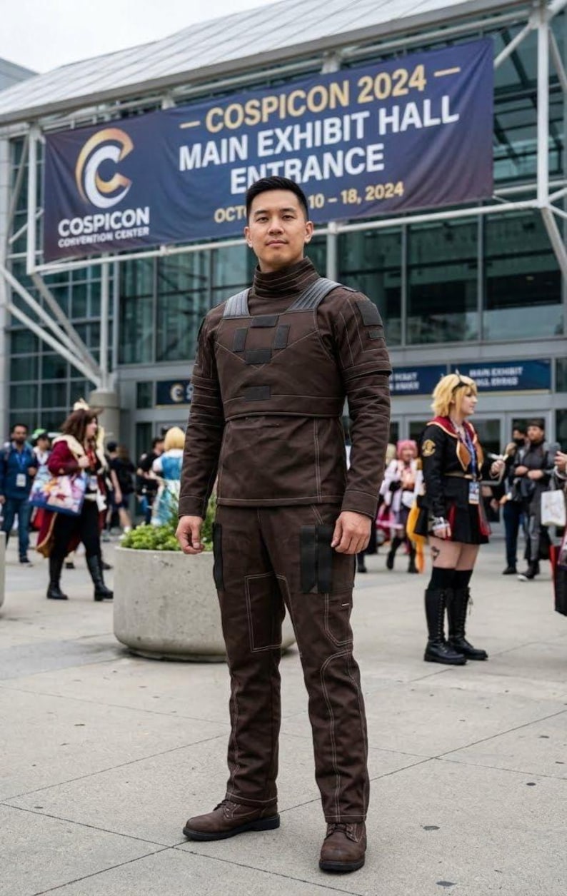 May include: A person in a brown costume stands in front of a convention center. The costume includes a high-collared top and matching pants with visible stitching. The banner reads "COSPICON 2024 - MAIN EXHIBIT HALL ENTRANCE OCT 10-18, 2024."