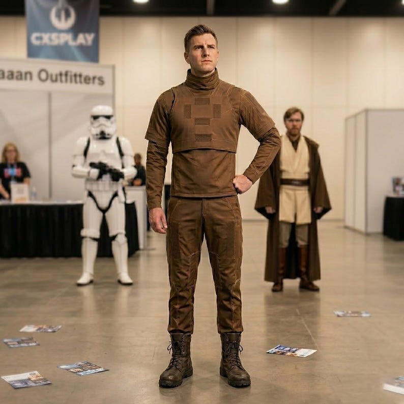 K&ouml;nnte beinhalten: Ein braunes Langarmshirt mit hohem Kragen und strukturiertem Brustbereich, kombiniert mit einer passenden braunen Hose und dunkelbraunen Schn&uuml;rstiefeln. Das Outfit zeichnet sich durch ein einheitliches Design mit verst&auml;rkten N&auml;hten aus.