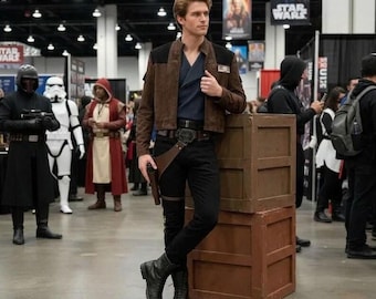 Disfraz de Han Solo inspirado en Star Wars: chaqueta de contrabandista de gamuza hecha a mano y funda de cuero.