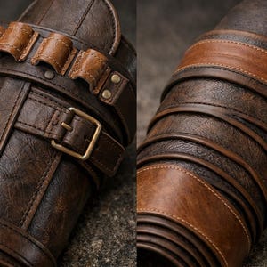 May include: A dark brown textured arm guard featuring a series of lighter brown leather-like straps wrapped around the circumference. The piece includes a metal buckle closure and a row of small, cylindrical loops attached to the upper section.