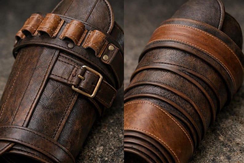May include: A dark brown textured arm guard featuring a series of lighter brown leather-like straps wrapped around the circumference. The piece includes a metal buckle closure and a row of small, cylindrical loops attached to the upper section.