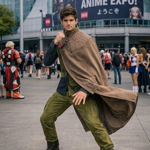 Puede incluir: Una persona con un disfraz de cosplay en una convenci&oacute;n de anime. El atuendo incluye una capa marr&oacute;n, pantalones verde oliva y botas negras. El fondo presenta una pancarta que dice "Welcome to Anime Expo!"