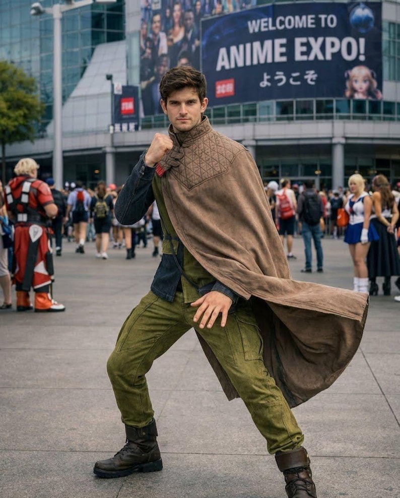 Puede incluir: Una persona con un disfraz de cosplay en una convenci&oacute;n de anime. El atuendo incluye una capa marr&oacute;n, pantalones verde oliva y botas negras. El fondo presenta una pancarta que dice "Welcome to Anime Expo!"