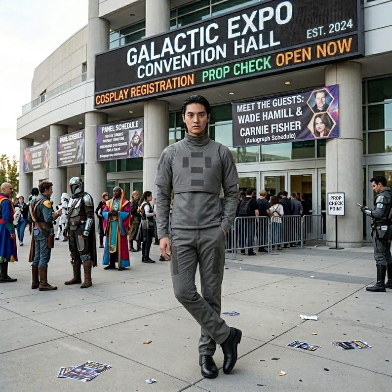 Op de afbeelding: Een persoon in een grijs kostuum poseert voor de Galactic Expo Convention Hall. Het gebouw heeft een bord met de tekst "Galactic Expo Convention Hall" en "Cosplay Registration". Andere mensen in kostuums zijn zichtbaar.