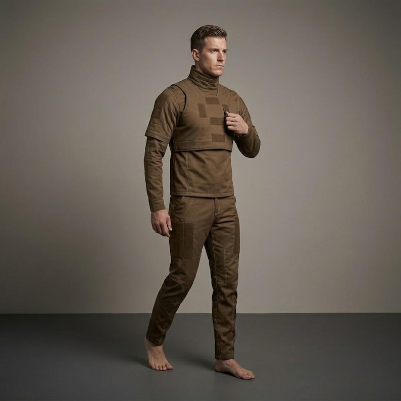 K&ouml;nnte beinhalten: Ein braunes Langarmshirt mit hohem Kragen und einem strukturierten Brust&uuml;berzug mit rechteckigen Eins&auml;tzen, kombiniert mit einer passenden braunen Hose mit verst&auml;rkten Oberschenkelpartien. Das Outfit ist einfarbig und funktional gestaltet.