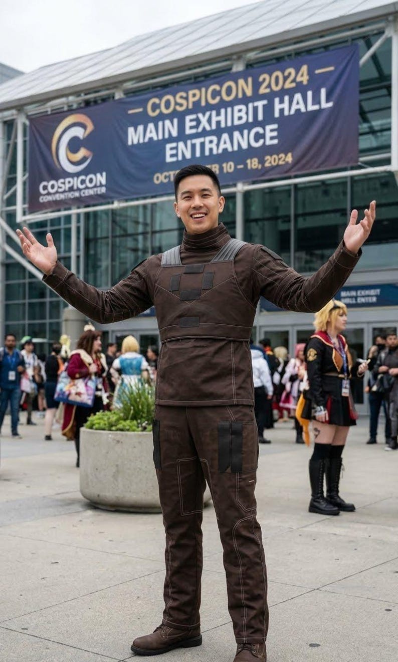 May include: A person in a brown cosplay outfit poses in front of a banner for COSPICON 2024. The outfit includes a high-collared top, pants, and boots. The banner reads "COSPICON 2024 - MAIN EXHIBIT HALL ENTRANCE OCT 10-18, 2024."