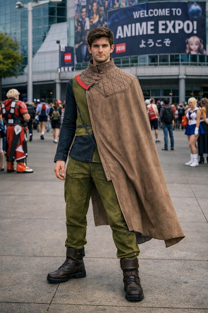 Puede incluir: Un cosplay con capa marr&oacute;n, pantalones verde oliva y botas marrones oscuras. El atuendo incluye un cuello acolchado y un acento rojo. El fondo muestra un centro de convenciones con la inscripci&oacute;n "WELCOME TO ANIME EXPO!"