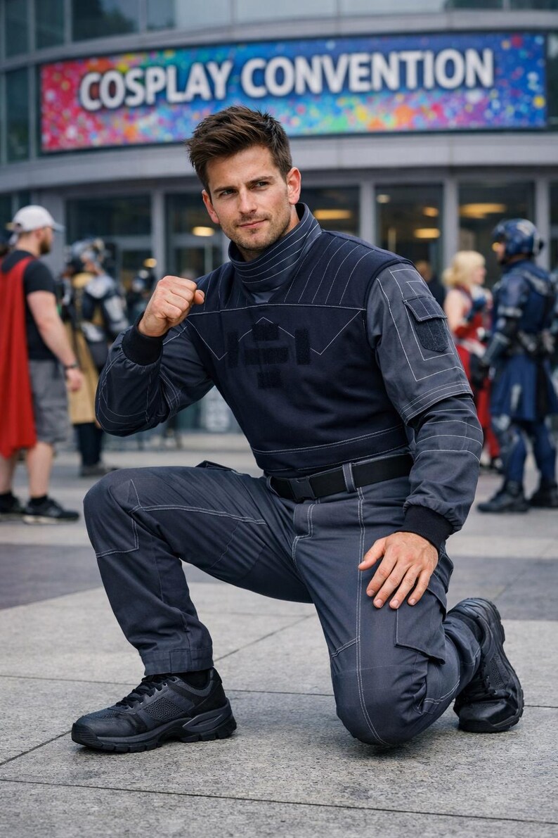 May include: A dark navy blue tactical-style long-sleeve shirt and matching cargo pants set. The shirt features a high collar, white contrast stitching, and a structured chest panel. The pants include side pockets and white stitching details.