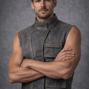 May include: A sleeveless charcoal gray vest featuring a high collar, a front flap closure, and two rectangular chest pockets. The garment has a distressed, weathered texture with visible stitching along the seams and a structured, fitted silhouette.