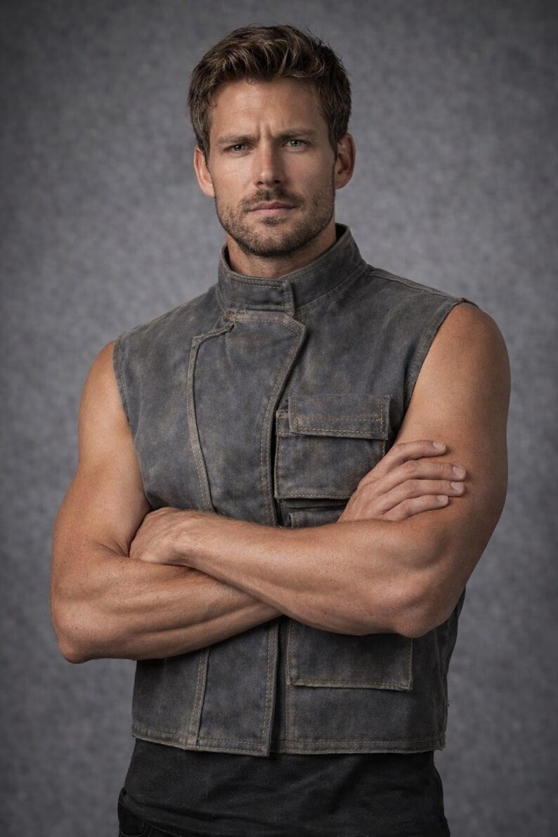 May include: A sleeveless charcoal gray vest featuring a high collar, a front flap closure, and two rectangular chest pockets. The garment has a distressed, weathered texture with visible stitching along the seams and a structured, fitted silhouette.