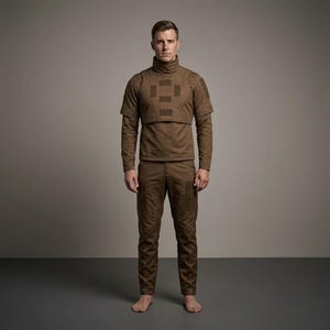 K&ouml;nnte beinhalten: Ein braunes Outfit im taktischen Stil, bestehend aus einem kurz&auml;rmeligen Oberteil mit Stehkragen und einer strukturierten Brustauflage mit rechteckigen Eins&auml;tzen sowie einer passenden langen Hose mit verst&auml;rkten Beinpartien.