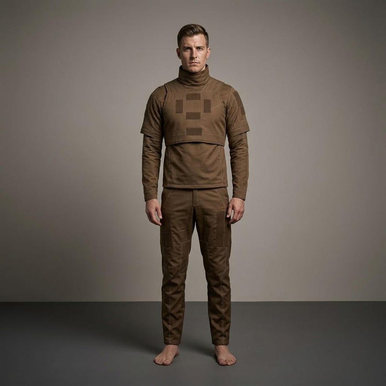 K&ouml;nnte beinhalten: Ein braunes Outfit im taktischen Stil, bestehend aus einem kurz&auml;rmeligen Oberteil mit Stehkragen und einer strukturierten Brustauflage mit rechteckigen Eins&auml;tzen sowie einer passenden langen Hose mit verst&auml;rkten Beinpartien.
