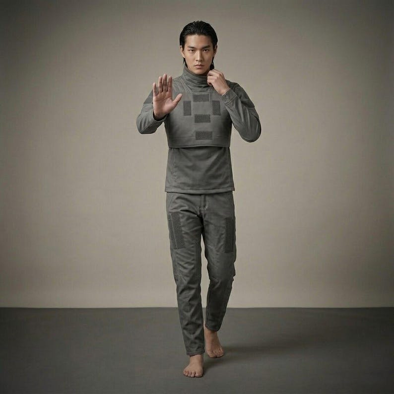 Op de afbeelding: Een grijs, futuristisch ogend outfit bestaande uit een top met lange mouwen en een hoge kraag en een geblokt patroon op de borst, gecombineerd met een bijpassende broek. De outfit is gemaakt van een zacht, mat materiaal. De persoon is blootsvoets.