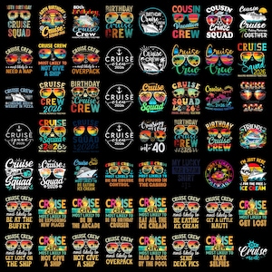 Op de afbeelding: Een verzameling grafische ontwerpen op een zwarte achtergrond met illustraties in cruisethema. Elementen zijn onder meer zonnebrillen met zonsondergangglazen, cruiseschepen, ankers en tekst zoals Cruise Squad, Birthday Cruise en Most Likely To.