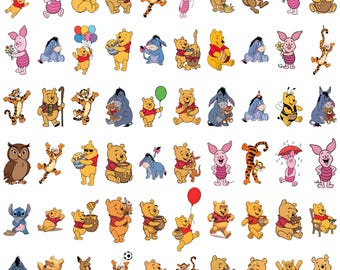 May include: A collection of colorful cartoon stickers featuring Winnie the Pooh, Piglet, Tigger, Eeyore, Roo, and Owl in various poses. The characters are depicted with honey pots, balloons, flowers, and umbrellas, showcasing a variety of expressions.