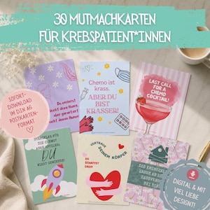 Puede incluir: Un conjunto de 30 tarjetas digitales de ánimo para pacientes con cáncer en formato postal A6. Las tarjetas presentan varias ilustraciones que incluyen un cohete, un cóctel y corazones, con texto en alemán como 'Chemo ist krass' y 'Du wirst gewinnen'.