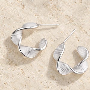 May include: A pair of silver hoop earrings featuring a twisted, ribbon-like design with fine, parallel etched lines running along the surface. Each earring includes a straight post backing for secure attachment to the earlobe.