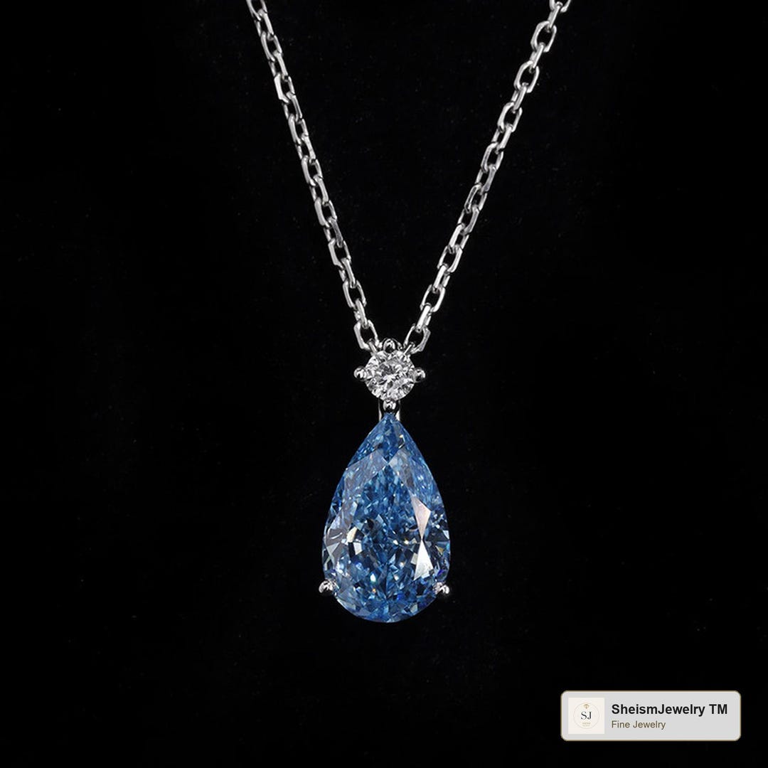 Blue Lab Diamond Teardrop Pendant, 18K Gold Light Luxury Necklace ...