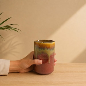 May include: A cylindrical ceramic mug with a gradient of colors. The top rim is brown, transitioning to yellow, green, and then a deep red at the base. The mug is held by a person's hand, showcasing its smooth, glazed finish.