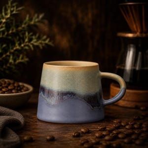 Puede incluir: Una taza de cer&aacute;mica con silueta c&oacute;nica y acabado de esmalte reactivo. La parte superior es de un tono beige suave que transiciona hacia un azul &iacute;ndigo profundo en la base, con una banda oscura y texturizada donde ambos colores se mezclan.