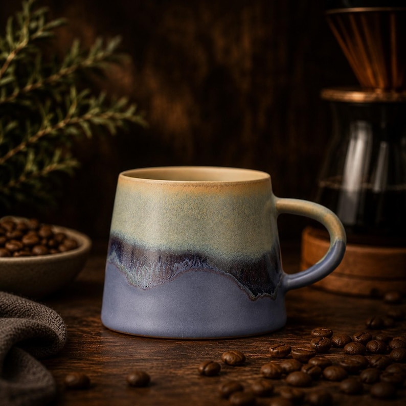 Puede incluir: Una taza de cer&aacute;mica con silueta c&oacute;nica y acabado de esmalte reactivo. La parte superior es de un tono beige suave que transiciona hacia un azul &iacute;ndigo profundo en la base, con una banda oscura y texturizada donde ambos colores se mezclan.