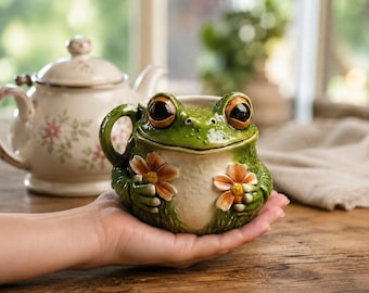 Taza de cerámica con diseño de rana, linda taza de café con forma de rana, taza de cerámica hecha a mano, taza de té estilo cottagecore, regalo para amantes de los animales, vajilla de cerámica única