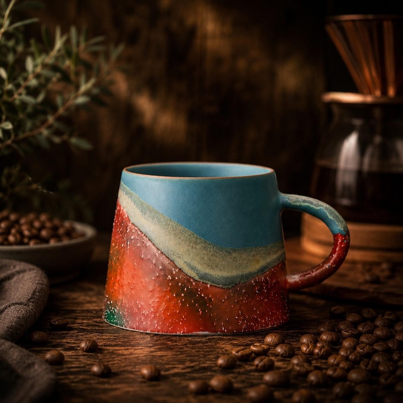 Puede incluir: Una taza de cer&aacute;mica con base ancha y asa curva. El exterior presenta un esmalte texturizado con una secci&oacute;n inferior roja vibrante salpicada de blanco, que transiciona a una secci&oacute;n superior azul apagado separada por una banda beige.