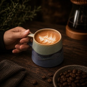Puede incluir: Una taza de cer&aacute;mica con un acabado degradado que va desde el azul claro en la parte superior hasta un azul oscuro profundo en la base. La taza est&aacute; llena de una bebida de caf&eacute; con un dise&ntilde;o de arte latte en forma de helecho blanco.
