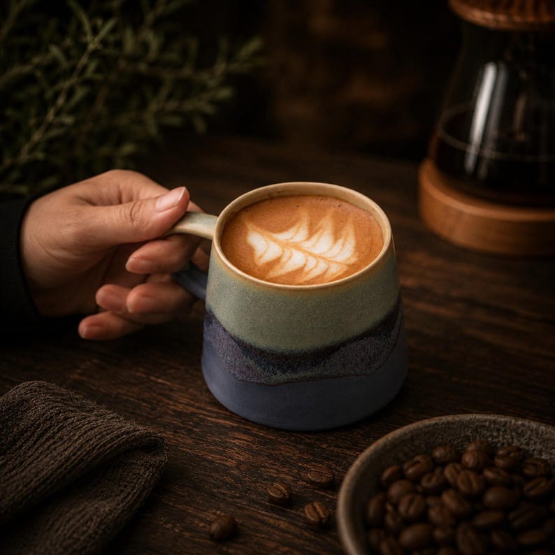 Puede incluir: Una taza de cer&aacute;mica con un acabado degradado que va desde el azul claro en la parte superior hasta un azul oscuro profundo en la base. La taza est&aacute; llena de una bebida de caf&eacute; con un dise&ntilde;o de arte latte en forma de helecho blanco.