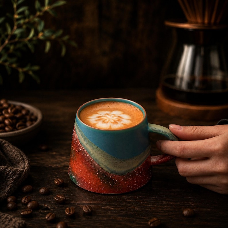 Puede incluir: Una taza de cer&aacute;mica con base ancha y asa, que presenta un degradado vibrante de azul turquesa, naranja y rojo con una textura moteada. La taza est&aacute; llena de una bebida de caf&eacute; cubierta con un dise&ntilde;o de espuma blanca en forma de flor.