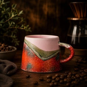 Puede incluir: Una taza de cer&aacute;mica con base ancha y borde c&oacute;nico. La parte superior es de un rosa p&aacute;lido liso, mientras que la secci&oacute;n inferior muestra un esmalte rojo vibrante y texturizado con acentos moteados en verde y azul oscuro.