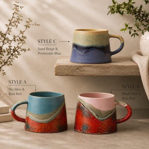 Puede incluir: Tres tazas de cer&aacute;mica con forma c&oacute;nica y asa lateral. El estilo C es beige arena y azul b&iacute;garo. El estilo A es azul cielo y rojo &oacute;xido. El estilo B es rosa palo y rojo &oacute;xido. Cada taza presenta un patr&oacute;n de esmalte bicolor distintivo.