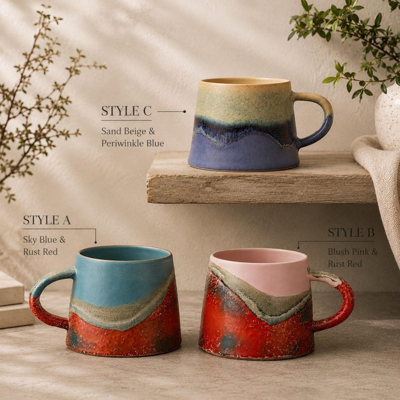 Puede incluir: Tres tazas de cer&aacute;mica con forma c&oacute;nica y asa lateral. El estilo C es beige arena y azul b&iacute;garo. El estilo A es azul cielo y rojo &oacute;xido. El estilo B es rosa palo y rojo &oacute;xido. Cada taza presenta un patr&oacute;n de esmalte bicolor distintivo.