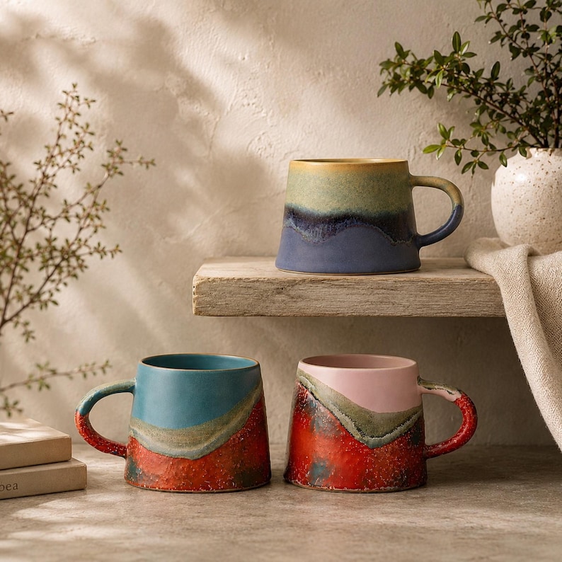 Puede incluir: Tres tazas de cer&aacute;mica con forma c&oacute;nica y un acabado de esmalte reactivo bicolor. Una taza presenta tonos azules y verdes, otra un dise&ntilde;o azul y rojo anaranjado, y la tercera muestra una combinaci&oacute;n de colores rosa y rojo con una base texturizada.