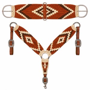Best Selling Base Rust Orange with Brown & Beige Wool breast collar and Cinch Combo for horse | Western Horse Tack |Handmade Equestrian Gear