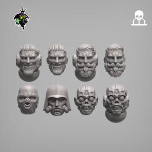 May include: Eight grey miniature head sculptures are displayed. The collection includes smiling human faces, bearded faces, a masked face, a helmeted face, and two skull-like faces. These are likely for miniature figures or models.