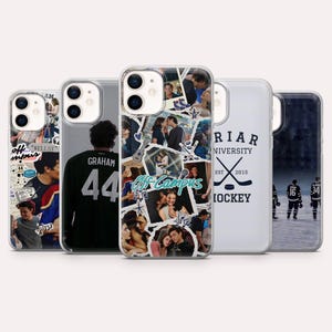 May include: A collection of five phone cases. The cases feature various designs, including collages of photos, text, and sports-themed graphics. One case has the text "Off Campus" and another has the name "Graham" and the number "44".