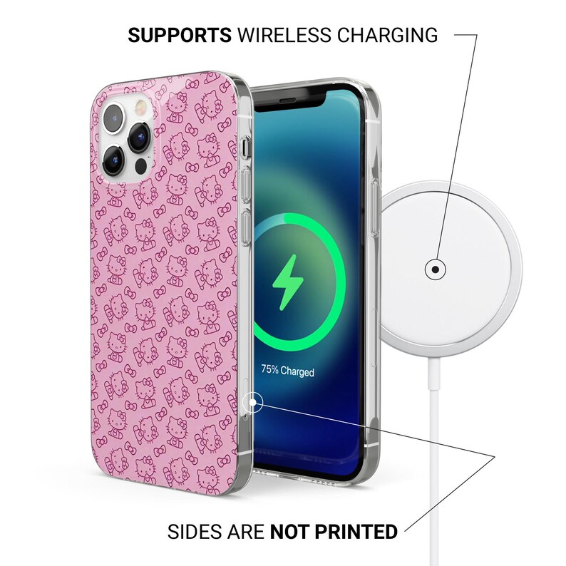 Puede incluir: Funda de tel&eacute;fono rosa con un patr&oacute;n repetido de personajes de Hello Kitty. El tel&eacute;fono est&aacute; al lado de un cargador inal&aacute;mbrico. La pantalla del tel&eacute;fono muestra un s&iacute;mbolo de carga verde. El texto dice "SUPPORTS WIRELESS CHARGING".