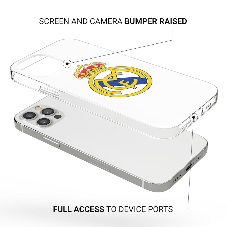 Puede incluir: Funda transparente para tel&eacute;fono con un logotipo de equipo sobre fondo blanco. El logotipo incluye una corona dorada sobre un c&iacute;rculo amarillo con un dise&ntilde;o azul y amarillo. La funda protege la pantalla y la c&aacute;mara.