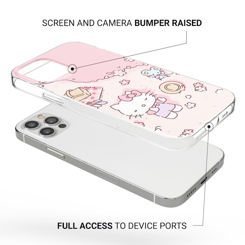 Puede incluir: Una funda para tel&eacute;fono rosa y blanca con un dise&ntilde;o de Hello Kitty. La funda tiene un parachoques elevado para la pantalla y la c&aacute;mara y permite el acceso completo a los puertos del dispositivo. La funda est&aacute; dise&ntilde;ada para un tel&eacute;fono inteligente.