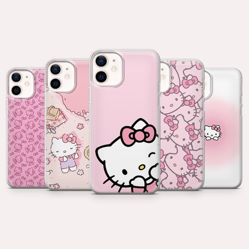 Puede incluir: Una colecci&oacute;n de fundas rosas para tel&eacute;fonos con dise&ntilde;os de Hello Kitty. Las fundas muestran varios patrones, incluyendo lazos repetidos, ilustraciones de personajes y un fondo rosa liso con el personaje ic&oacute;nico.