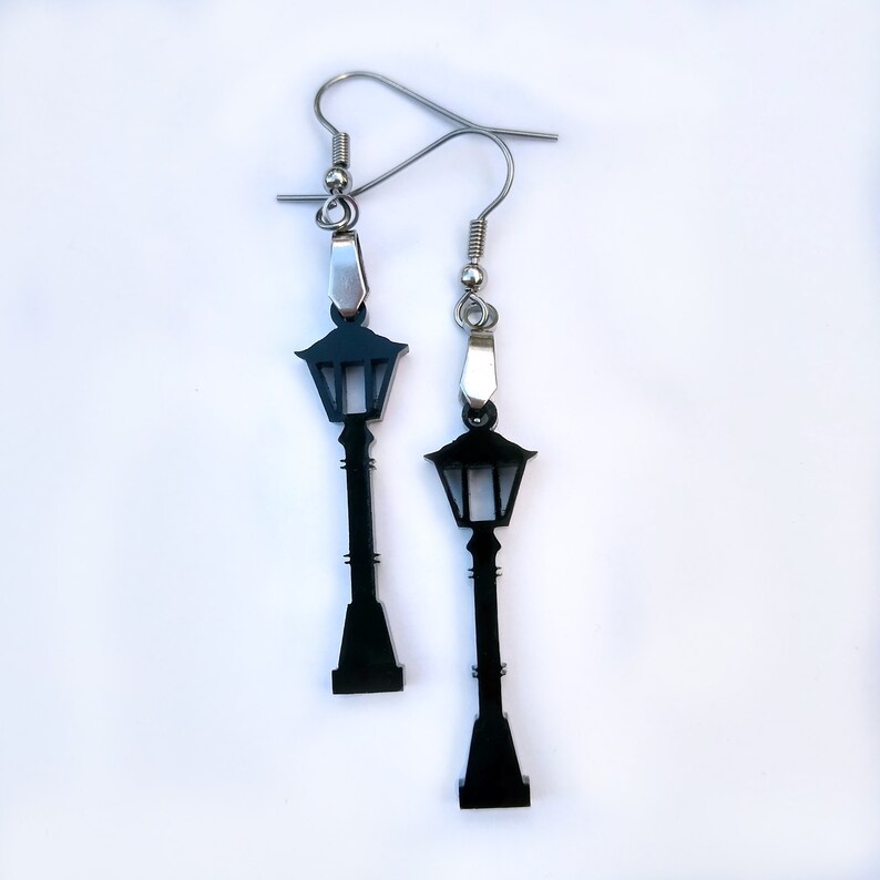 Narnia Lamp Post Earrings, Chronicles of Narnia, Narnia Gift, Stainless Steel, Black Acrylic image 2