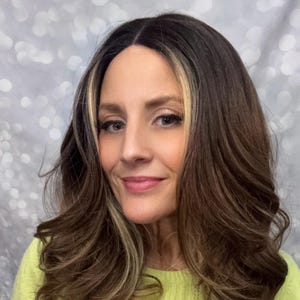 14” Brunette with Blonde Highlights Wavy Fixed Middle Part Wig| Luxury wig | Synthetic Lace Front | Hand Altered Wig | Bella Vista