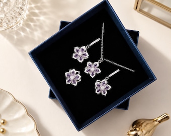 Purple Flower Jewelry Set, Silver Crystal Necklace Earrings Ring Set, Bridesmaid Wedding Jewelry Gift for Women