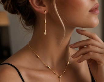 Gold Teardrop Schmuck Set, Minimalist Tropfen Ohrringe und Y Halskette, Elegantes Brautgeschenk für Frauen