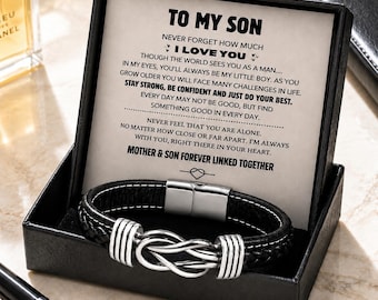 Braccialetto con nodo infinito per mio figlio, braccialetto in pelle personalizzato con incisione da parte della mamma, regolabile, regalo personalizzato per il figlio