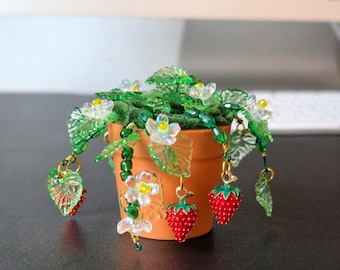Miniature Beaded Strawberry Vine Pot | Whimsical Desk Decor