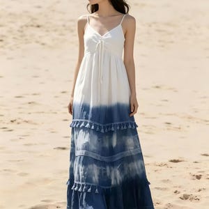 Ręcznie robiona sukienka w stylu tie-dye – oryginalna, farbowana na niebiesko letnia sukienka maxi dla kobiet, swobodna sukienka z bawełny Tencel na podróż zdjęcie 8